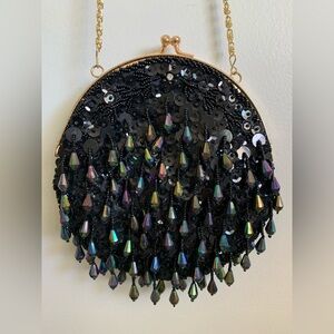Vintage Black Rainbow Sequined Beaded Clutch Crossbody Mini Bag